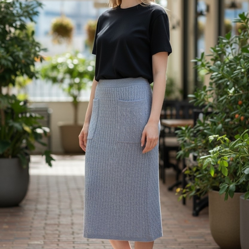 Soft Knit Midi Skirt in Light Blue with Front Pockets